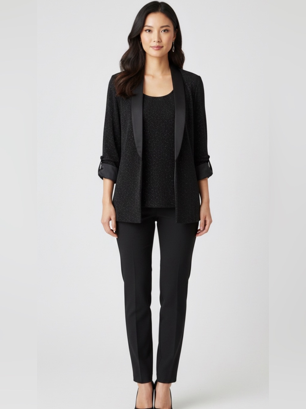 R&M Collection 2 Piece Black Shimmer Jacket & Attachable Tank Set Evening Formal